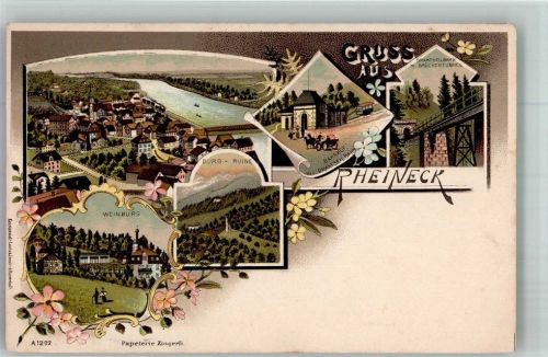 9424 Rheineck Lithographie Burg Ruine Weinburg Seilbahn Brückentunnel