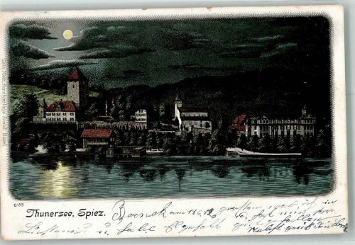 3700 Spiez 1899 Lithographie Thunersee Mondschein Bahnpost Zug 114 Nr. 25