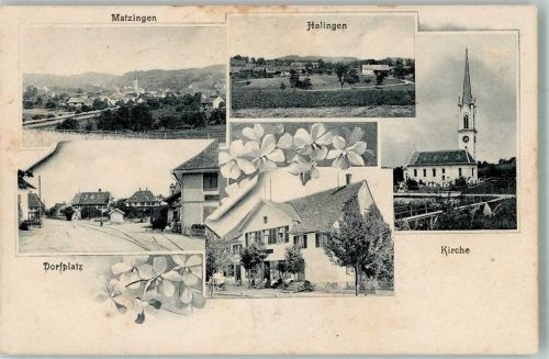 9548 Matzingen Halingen 1908 Foto AK Dorfplatz Geschäft Kirche Feldpost Feldbatterie 44