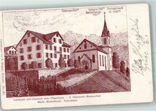 6383 Niederrickenbach Maria Rickenbach 1902 Radierung sign. Ringger, R. Gasthaus Pension zum Pilgerhaus Kirche Maria rRckenbach