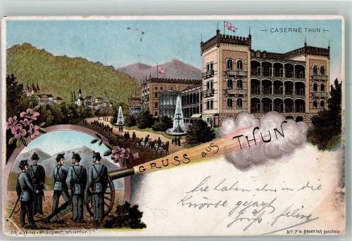 Thun Kaserne Unifomr Kanone Lithographie Militär Schweiz 1901 Gebrauchsspuren