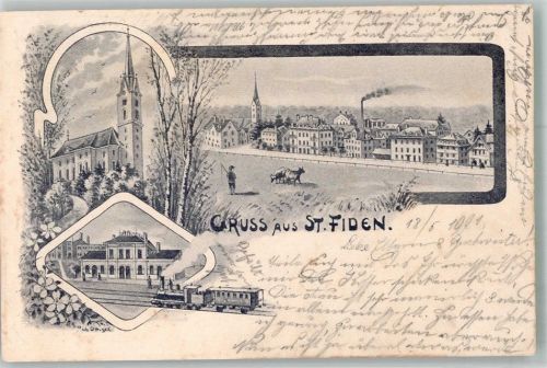 9000 St. Fiden 1901 Lithographie Bahnhof Eisenbahn Kirche Landwirtschaft