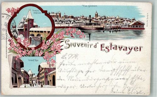 1470 Estavayer-le-Lac 1900 Winterlithographie Pont du Chateau Grand Rue Glimmerauflage