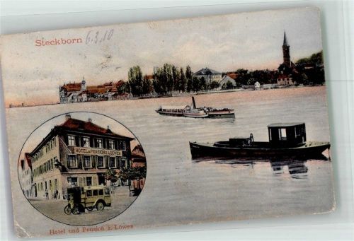 8266 Steckborn 1910 Gebrauchsspuren Postbus Hotel zum Löwen Dampfschiff