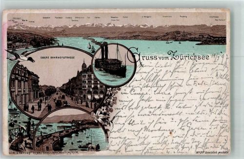 8000 Zürich 1897 Gebrauchsspuren Zürichsee Obere Bahnhofstrasse Lithographie