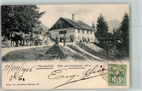 3860 Meiringen 1906 Foto AK Postkutsche Grimselpost Hotel Handeckfall Marke bildseitig