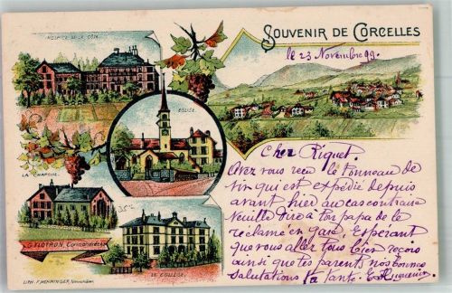 2747 Corcelles BE 1899 Lithographie Hospiz Kirche Kapelle College