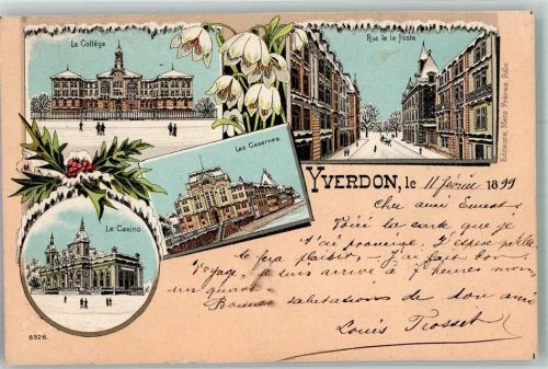 1400 Yverdon-les-Bains 1899 Winterlithographie Kaserne Rue le la Poste College Casino