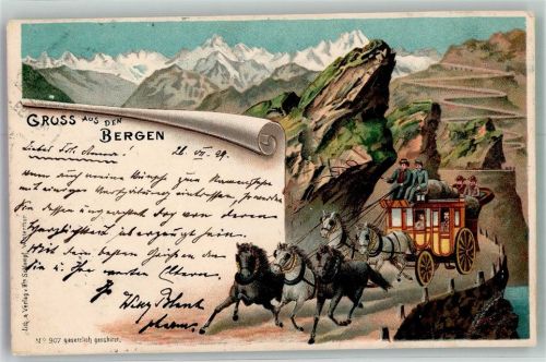 Chur Coire Postkutsche Ort lt. Stempel Postkutsche Schweiz 1899 Lithographie