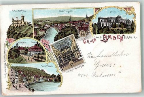 5400 Baden 1899 Lithographie Burg Schartenfels ref. Kirche Casino Kath. Kirche