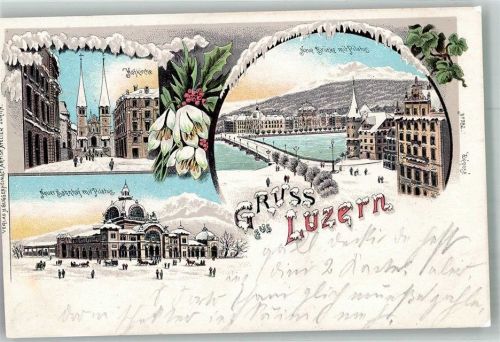 6000 Luzern Lucerne 1899 Winterlithographie Bahnhof mit Pilatus Hof- Neue Brücke