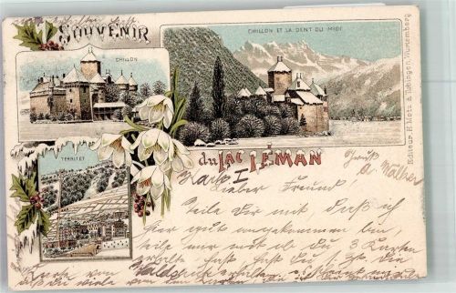 Chillon Chateau 1898 Winterlithographie Schloss Lac Leman