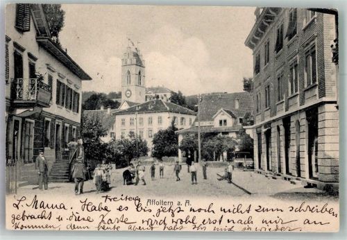 8910 Affoltern am Albis 1905 Foto AK Kirche Straßenszene