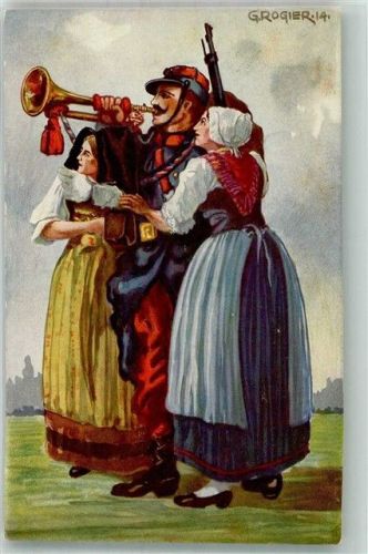 Genève Genf Uniform Soldat Trompeter Tracht Frauen Militär Schweiz Lithographie / Künstlerkarte