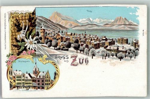 6300 Zug Zugo 1913 Winterlithographie Glimmerauflage Marktplatz