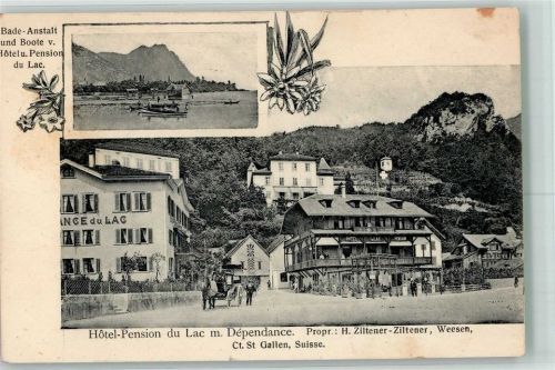 8872 Weesen 1905 Gebrauchsspuren Hotel Pension du Lac Schwimmbad und Boote