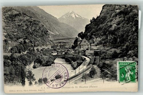 1890 St-Maurice 1911 Foto AK Pont et Chateau Bahnhof Marke bildseitig