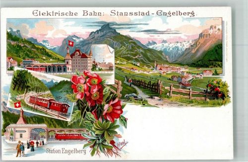 6390 Engelberg Lithographie Eisenbahn Elekt. Bahn Stansstad-Engelberg Bahnhof