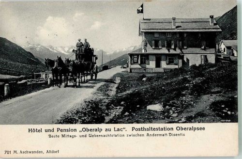 Andermatt Postkutsche Hotel Pension Oberalp au Lac Postkutsche Schweiz 1913 Foto AK