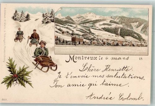 1820 Montreux 1897 Winterlithographie Rodel