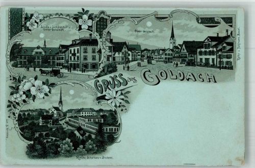 9403 Goldach Lithographie Gasthaus Linde und Lindenhof Kirche Fabrik Stickerei