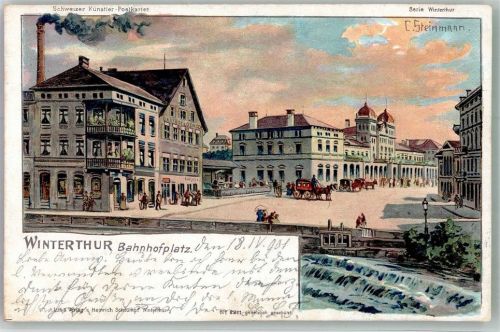 8400 Winterthur 1901 Lithographie sign. Steinmann Bahnhofs-Platz Künstlerkarte
