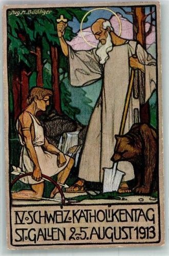 9000 St. Gallen S. Gallo Lithographie / Künstlerkarte sign. Bächtiger IV. Schweiz. Katholikentag 1913