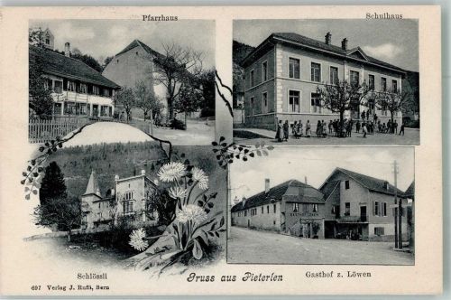 2542 Pieterlen 1909 Foto AK Schloss Gasthaus zum Löwen Schulhaus Pfarrhaus