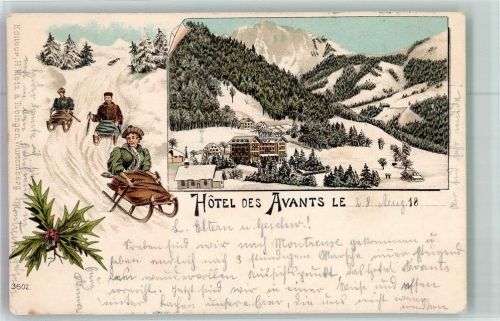 1833 Les Avants 1898 Winterlithographie Rodel Hotel des Anvants