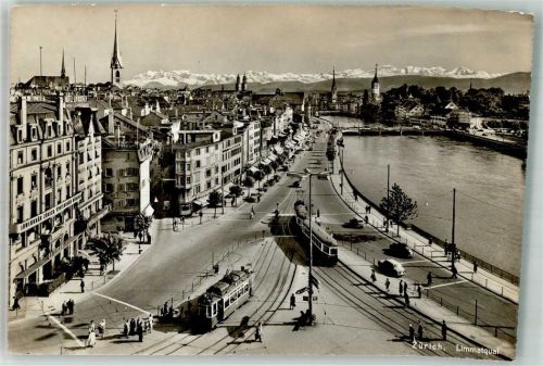 8000 Zürich 1954 Foto AK Limmatquai Straßenbahn