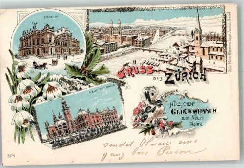 8000 Zürich 1900 Winterlithographie Theater Neue Tonhalle Kirche Neujahr Glimmerauflage