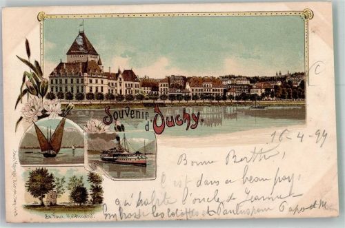 1000 Ouchy 1899 Lithographie Dampfschiff Segelboot Bahnpost Zug 10