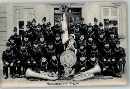 4914 Roggwil BE 1914 Foto AK Uniform Musikgesellschaft Bahnpost