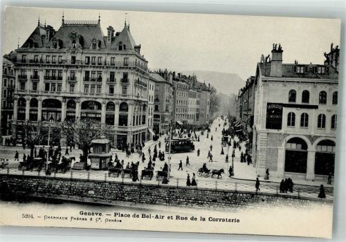 1200 Genève Genf Foto AK Straßenbahn Place de Bel-air Rue de la Corraterie