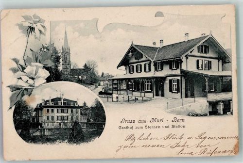 3074 Muri b. Bern 1902 Gebrauchsspuren Gasthaus zum Sternen Bahnhof Kirche