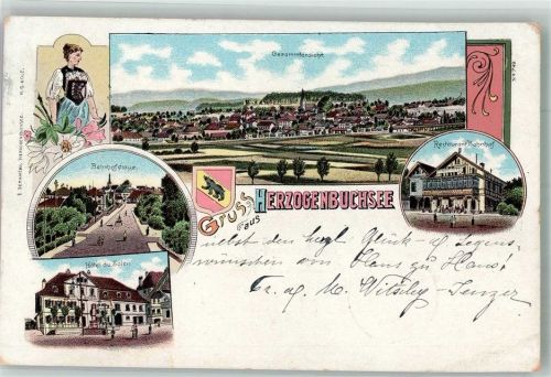 3360 Herzogenbuchsee 1899 Lithographie Tracht Gasthaus Bahnhof Hotel du Soleil