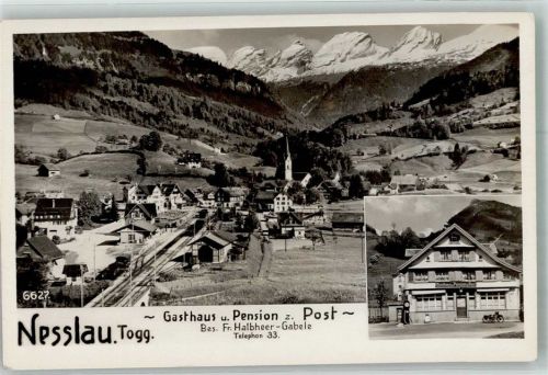 9650 Nesslau Foto AK Bahnhof Gasthaus Pension zur Post