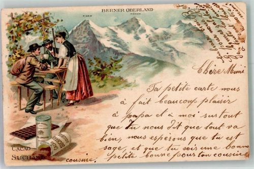 3822 Lauterbrunnen Lithographie Tracht Gasthaus Wanderer Eiger Mönch Jungfrau Werbung Suchard