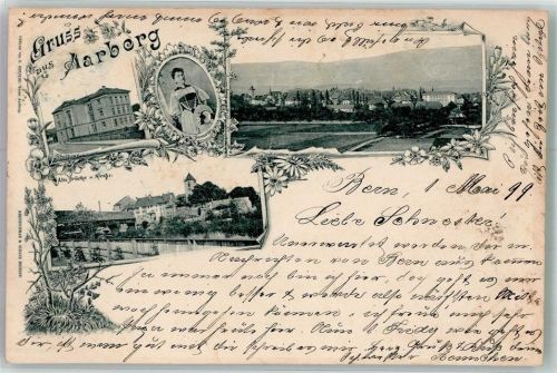 3270 Aarberg 1899 Foto AK Tracht Schulhaus Kirche Alte Brücke