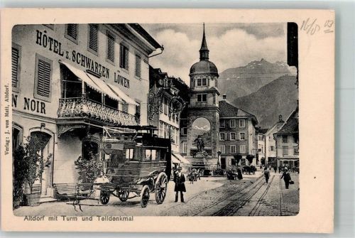 Altdorf UR Postkutsche Hotel zum schwarzen Löwen Tell- Denkmal Turm Postkutsche Schweiz 1903 Foto AK