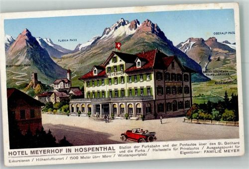 6493 Hospental FOTO KEINE AK Auto Hotel Meyerhof Burg Ruine Kirche Gotthardpass Furka Pass