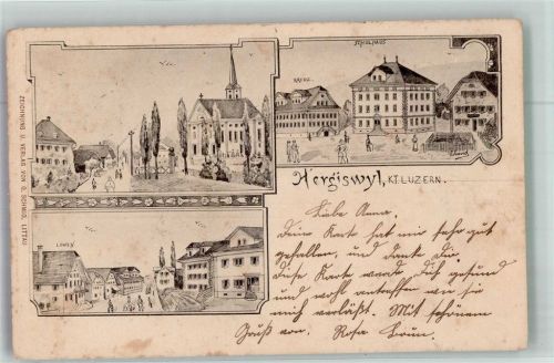 6133 Hergiswil b. Willisau 1899 Lithographie Gasthaus Löwen Kirche Schulhaus