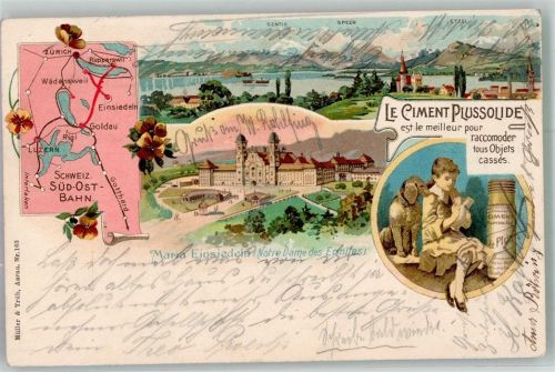 8840 Einsiedeln 1905 Lithographie Kloster Maria Einsiedeln Werbung Schweiz.Süd-Ost-Bahn Bahnpost Fröndeberg