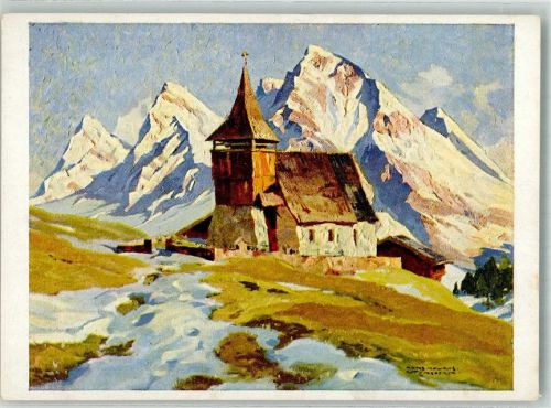 7050 Arosa Künstlerkarte sign. Maurus Kirche