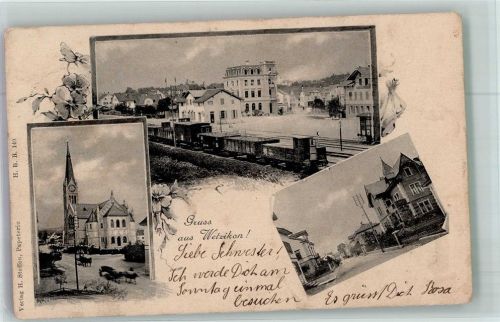 8620 Wetzikon ZH 1909 Foto AK Bahnhof Eisenbahn Kirche Straßenansicht