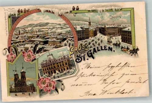 9000 St. Gallen S. Gallo 1899 Winterlithographie Stifts- Kirche Unionbank Hechtplatz Pferdeschlitten