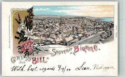 2500 Biel/Bienne 1900 Winterlithographie mit Glimmerauflage