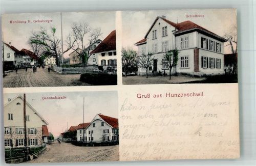 5502 Hunzenschwil 1911 Foto AK Handlung Geissberger Schulhaus Bahnhofstrasse