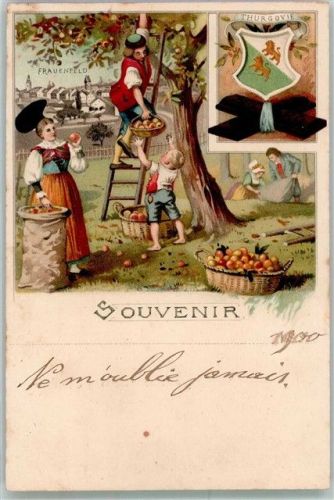 8500 Frauenfeld 1900 Lithographie Tracht Frau Kinder Apfelernte