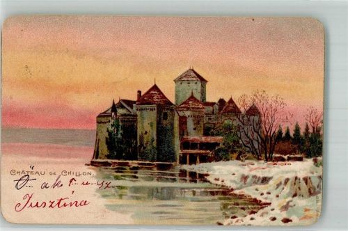 Chillon Chateau 1902 Winterlithographie Schloss